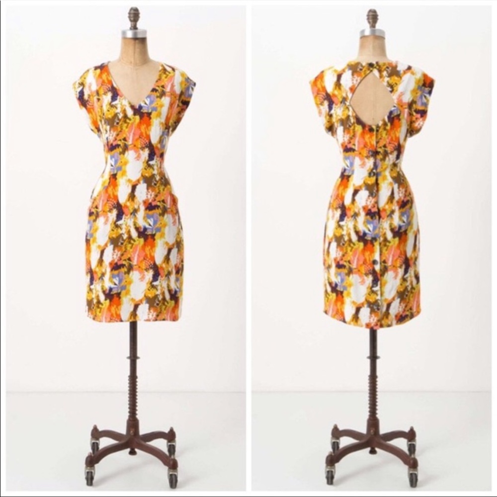 Anthropologie Maple by Some Odd Rubies Era Plumes Orange Feather Print Dress